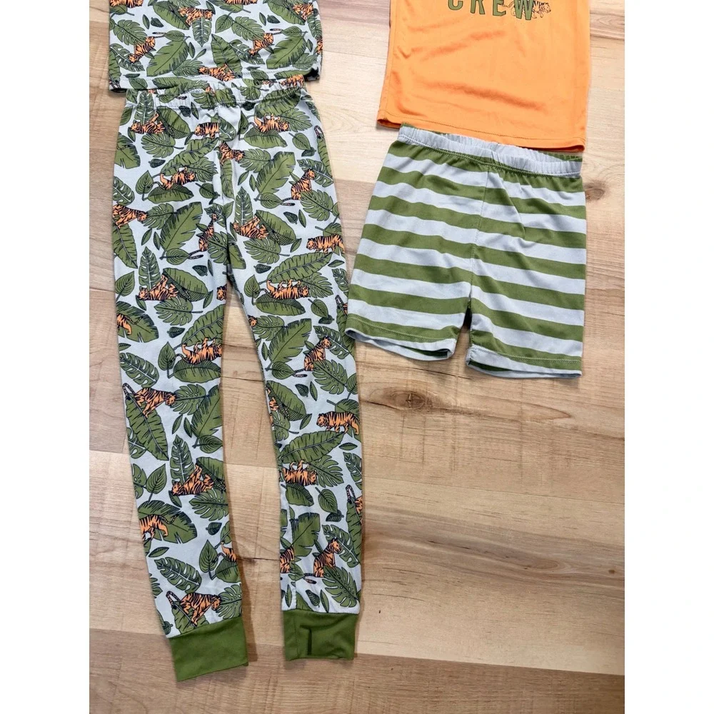 Cozy Jams Kids 4 Piece Pajama Set Tiger Jungle Wild Life Crew Orange Green 5T